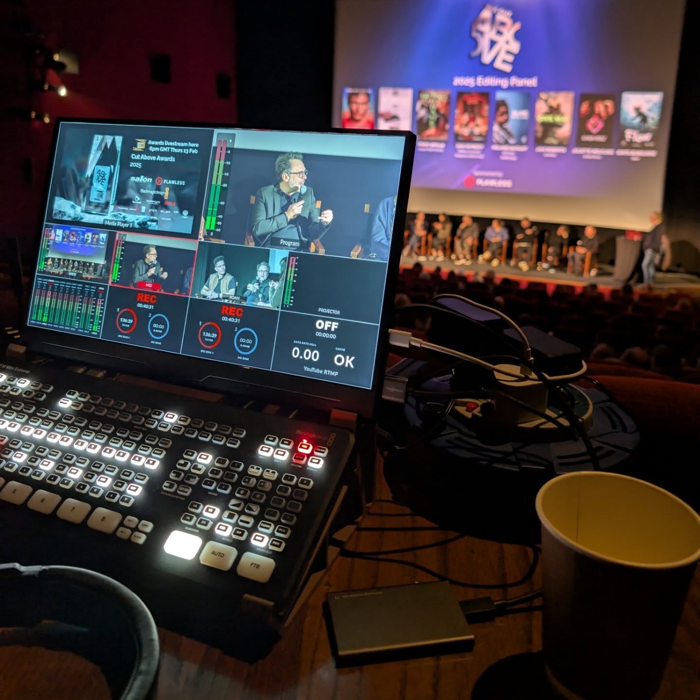 Multi-camera vision mixer and monitor at a live stage production