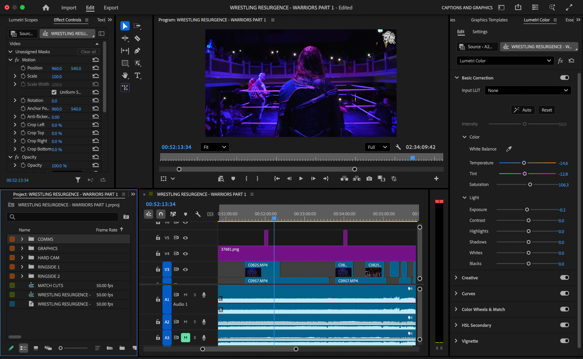 Video editing timeline and colour grading in Adobe Premiere Pro